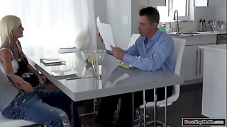 Horny stepmom takes her stepsons cock out and jerks it off as her husband is distracted.The busty milf deepthroats his big cock and then he fucks her