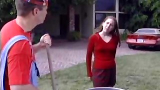 Cute schoolgirl fucked in the gym by worker