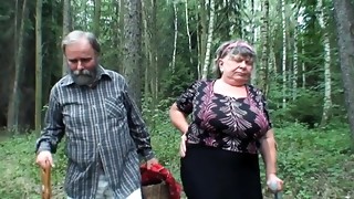 Perverted granny is sucking in the forest