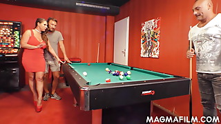 Trashy milf eats two hard shafts