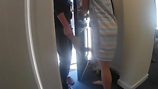 Recently divorced young mom flashes her body, seduces and fucks delivery guy. She let him cum inside