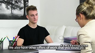 Female agent giving footjob office feet